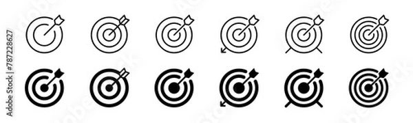 Fototapeta Target with arrow icon set. Line and glyph aim dart board. Target with arrow