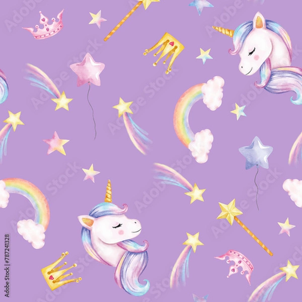 Obraz Seamless pattern. Watercolor unicorns pattern with rainbows and clouds. Cute watercolor 