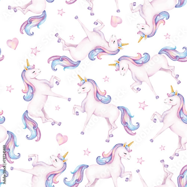 Obraz Seamless pattern. Watercolor unicorns pattern with rainbows and clouds. Cute watercolor 