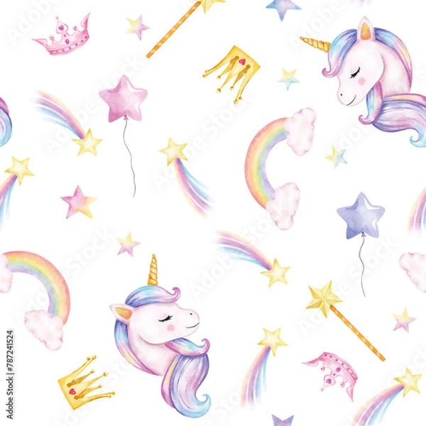 Obraz Seamless pattern. Watercolor unicorns pattern with rainbows and clouds. Cute watercolor 