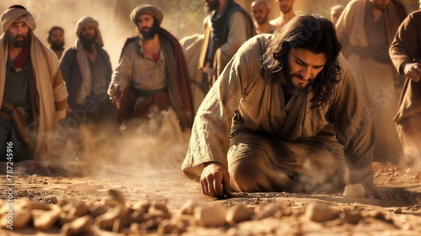 Obraz Jesus Christ is writing in the sand the sins of the people who are close to him