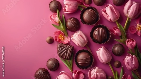 Fototapeta Sweet Bloom - Mother's Day Background with Pink Tulips and Chocolates - Generative AI