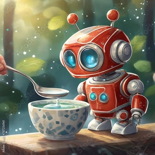 Fototapeta Kleiner roter niedlicher Roboter wird vom Menschen mit einem Löffel gefüttert.
KI, Künstliche Intelligenz. AI, Artifizielle Intelligenz. Technologie, Computer, Informatik, maschinelles Lernen.

