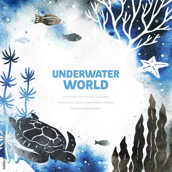Fototapeta Vector template with turtle, fish, starfish and seaweed on white background. Watercolor illustration with underwater nature and marine wildlife. Design for flyer, list, ad, banner, invitation