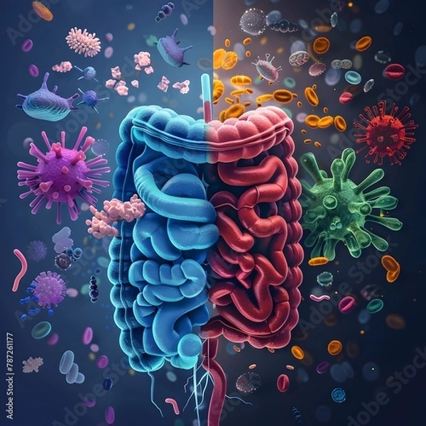 Fototapeta Contrast of Unhealthy and Healthy Gut Microbiomes Showcasing the Benefits of Probiotic Supplementation for Overall Well Being