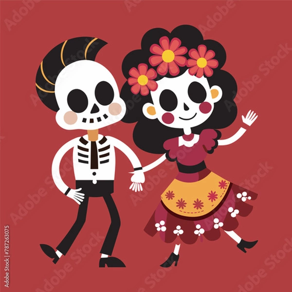 Obraz Couple of Mexican skeletons in costumes dance and play music on Day of Dead, Dia de los Muertos