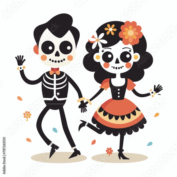Obraz Couple of Mexican skeletons in costumes dance and play music on Day of Dead, Dia de los Muertos