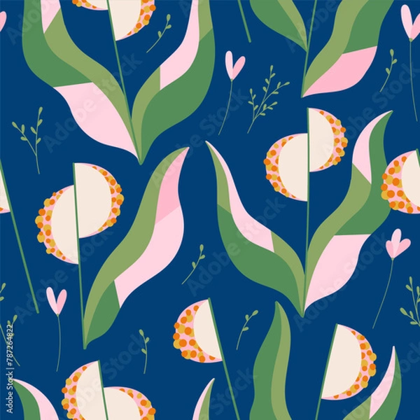 Fototapeta Delicate spring and summer flowers on a blue background. Seamless pattern. Vector illustration in modern style.