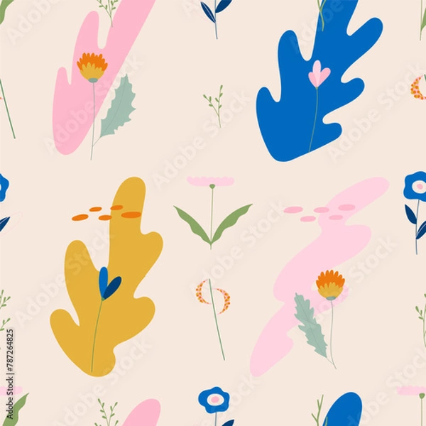 Fototapeta Delicate spring and summer flowers and plants on a beige background. Seamless pattern. Vector illustration in modern style.