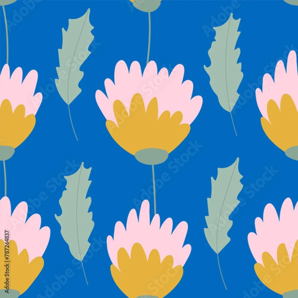 Fototapeta Delicate spring and summer flowers on a blue background. Seamless pattern. Vector illustration in modern style.
