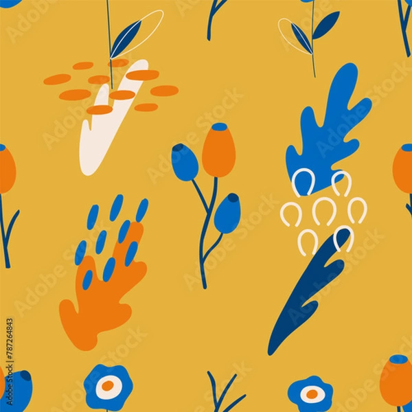 Fototapeta Flowers, plants, berries, spring and summer flowers on a yellow background. Seamless pattern. Vector illustration in modern style.
