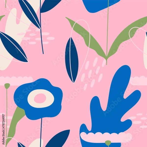Fototapeta Cute spring and summer flowers on a pink background. Seamless pattern. Vector illustration in modern style.