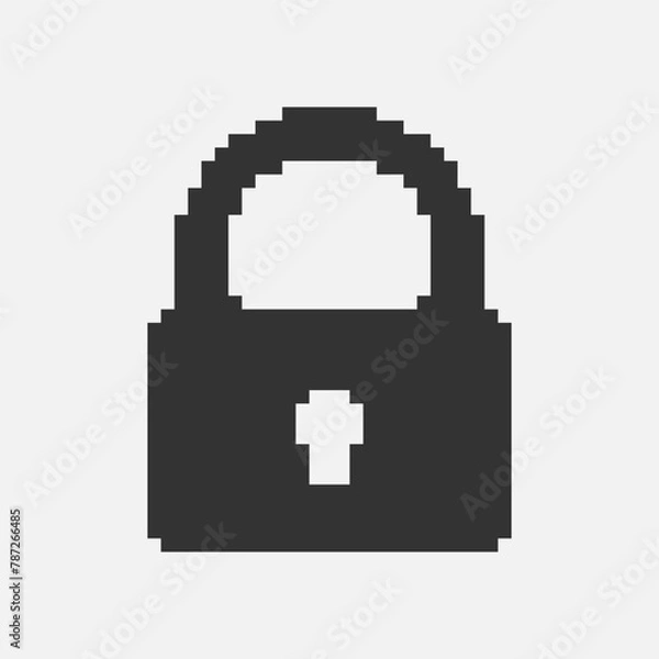 Fototapeta black and white simple flat 1bit vector pixel art icon of retro vintage locked padlock. privacy and access safety