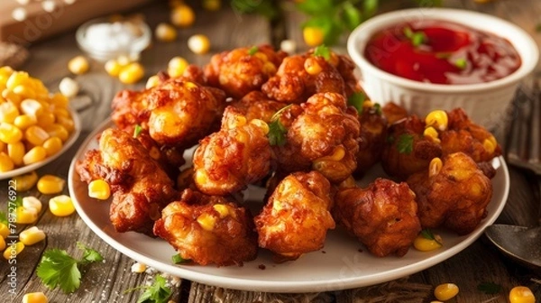 Obraz Fried corn fritters in a frying pan on a wooden kitchen table, close-up