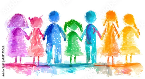 Fototapeta A playful and vibrant artwork depicting a family with children holding hands in a line, emulating a sense of unity and love