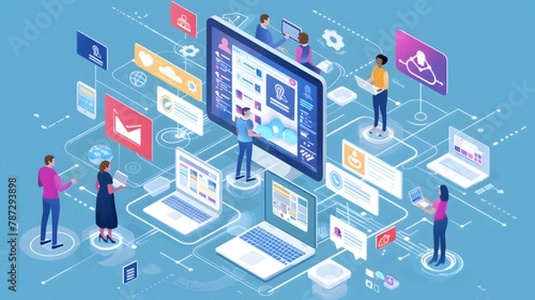 Fototapeta Vivid isometric illustration represents social media interactions with characters engaging on different digital platforms