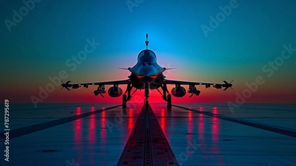 Fototapeta A mesmerizing visual of fighter jets silhouetted against a backdrop of a deep blue sky, highlighted by bold, vivid colors such as ruby red, sapphire blue, and emerald green A fearless pilot commands 