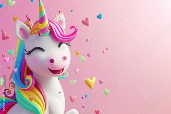 Fototapeta Fairytale unicorn with a multi-colored mane on plain pink background, 3D illustration. Magical handsome cartoon character, horse with rainbow mane