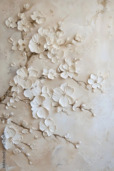 Fototapeta This is a textured painting of clustered white flowers sprawling across a beige canvas with a three-dimensional effect