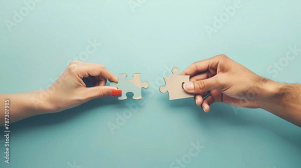 Fototapeta Young adult woman hand fingers holding and connecting different two white puzzle pieces on light blue table background. Pastel color. Closeup. Compatibility concept. Point of view shot.