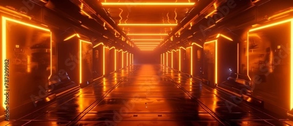 Fototapeta The corridor is bathed in a warm, orange glow, with the play of light creating a sense of depth and intrigue in a sci-fi setting.