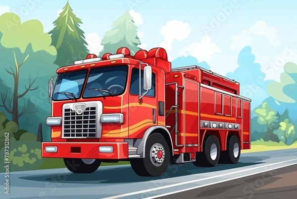 Fototapeta Fire truck. Cartoon illustration. A car with firefighters.