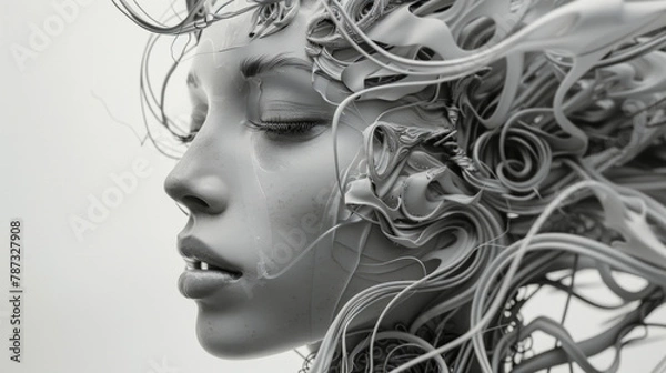 Obraz With her hair styled into an otherworldly organiclooking structure a woman exudes both elegance and defiance. Her face is adorned with delicate implants each one a work of art that .