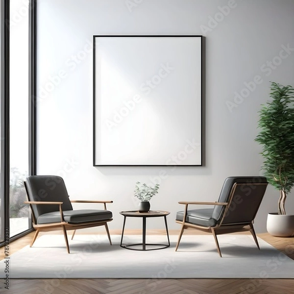 Fototapeta Poster mockup. Living room wall poster mockup with house background. Luxurious interior design.