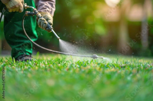 Fototapeta Worker spraying pesticide on a green lawn outdoors for pest control