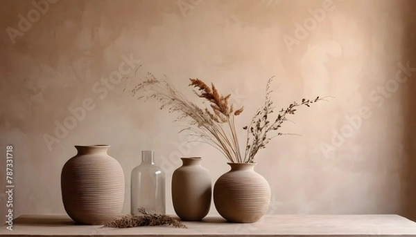 Fototapeta Boho beige copy space background monochrome minimalist empty table with vases with sunlight from window, mockup for  product showcase promotion background