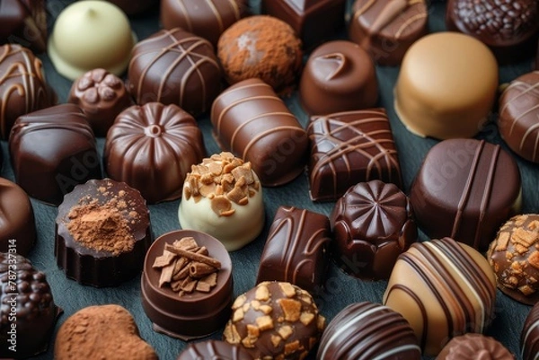 Fototapeta A delicious assortment of various gourmet chocolates, one piece strategically blurred