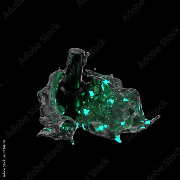 Fototapeta Incredibly creative presentation of a bottle of gel polish splashed with different colors of paint. 3D Render