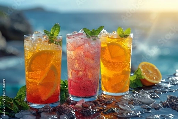 Fototapeta A refreshing summer mojito with lime and mint sits on a wooden table