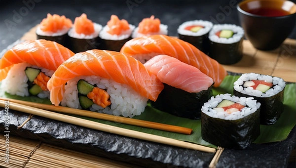 Fototapeta sushi rolls and nigiri sushi with salmon 14