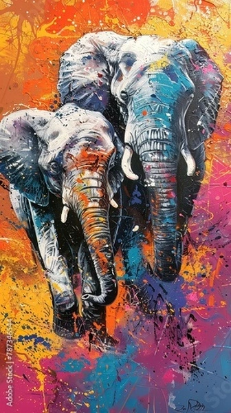 Obraz An abstract painting class with elephants using their trunks to splash vibrant hues on canvas