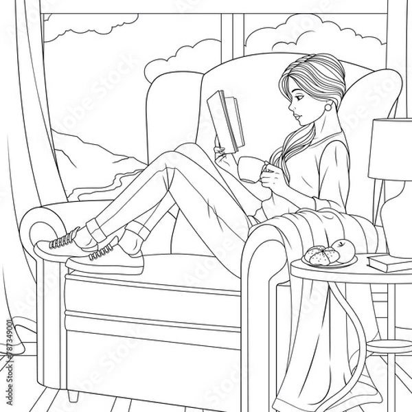 Obraz Vector illustration, сute girl reading a book while sitting in a cozy chair in front of the window