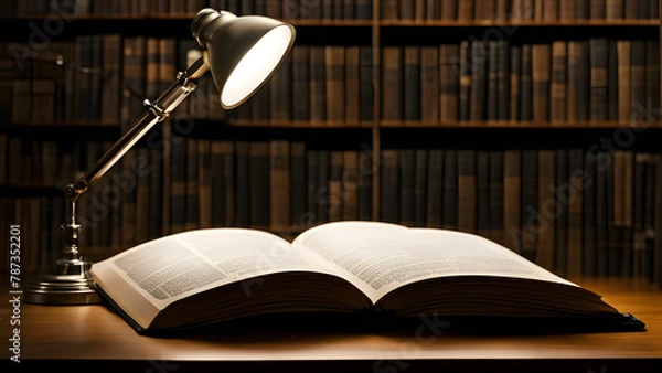 Obraz Modern study design, with desk lamps and open books placed on the desk for learning in the library