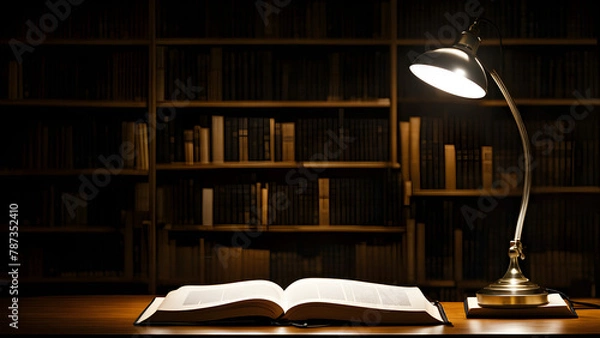 Fototapeta Modern study design, with desk lamps and open books placed on the desk for learning in the library