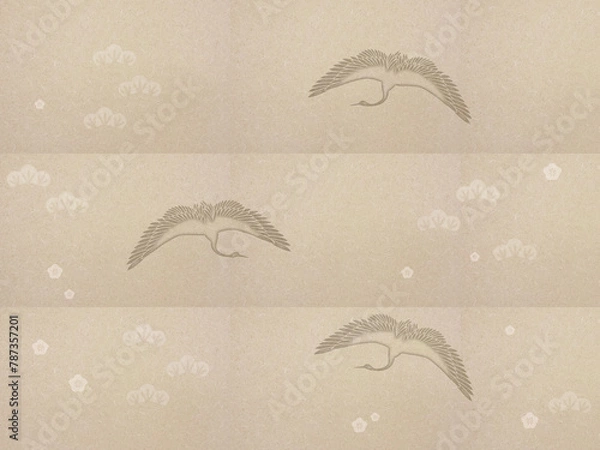 Fototapeta 翼を広げた鶴　梅　松　茶色の和紙背景