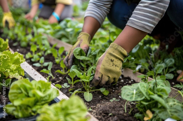 Fototapeta Old hands planting, weeding and thinning plants in urban community garden on the sunny day