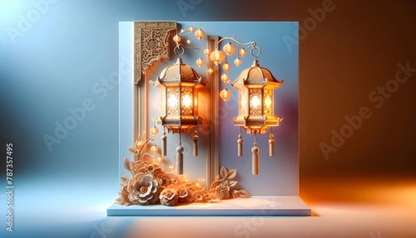 Fototapeta Lanterns of Faith: Ornate 3D Poster Style Advertising Representing Warm New Year Blessings in an Isaramic Theme
