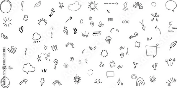 Fototapeta Sketch line arrow element, star, heart shape. Hand drawn doodle sketch style circle, cloud speech bubble grunge element set. Arrow, star, heart brush decoration.