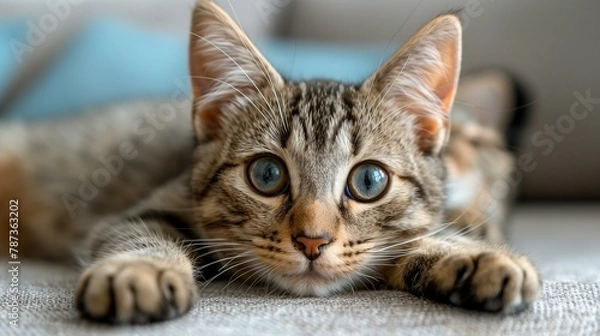 Fototapeta Feline Elegance: Cat Perched on Table in Cozy Indoor Setting