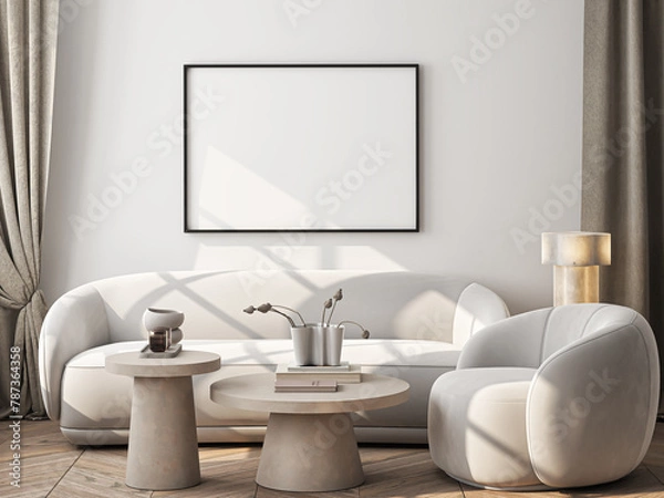 Fototapeta Frame mockup, ISO A paper size. Living room wall poster mockup. Interior mockup with house background. Modern interior design. 3D render
