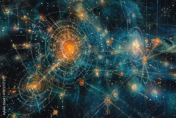 Fototapeta Intense scene inside cybersecurity war room, Golden and blue lights depict advanced digital network, cosmic-like central spirals, metaphor for interconnected systems or galaxy-like data structures.