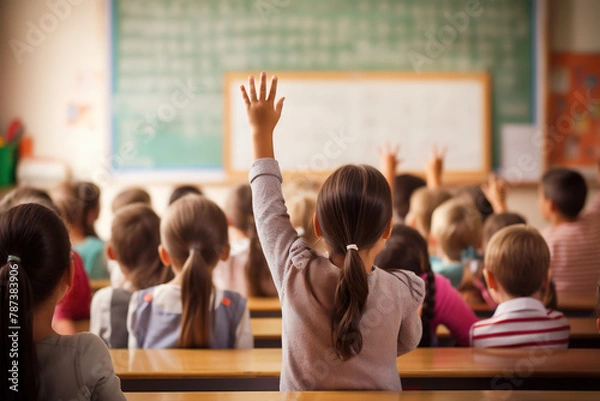 Obraz Schoolgirl raising her hand in the classroom. The girl is seen from the back, behind other school kids, some also with their hands raised and eager to answer.