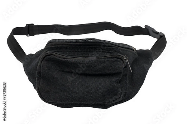 Fototapeta Detail of a black fanny pack on a white background. Basic and simple clothing