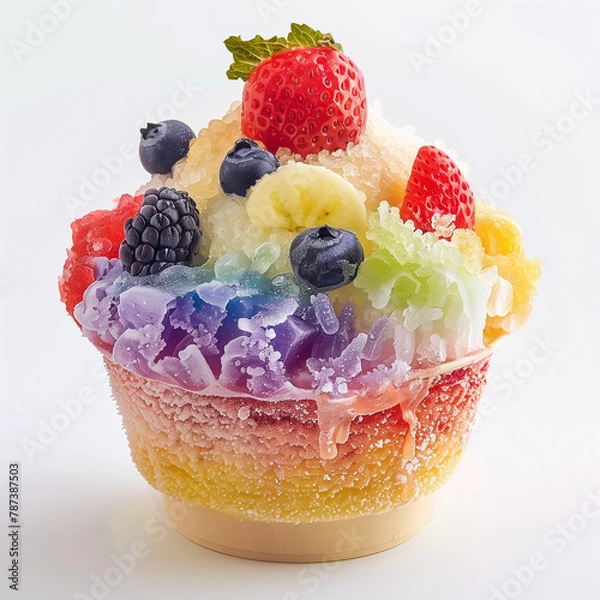 Fototapeta A cup of rainbow shaved ice, on a plain white studio background,