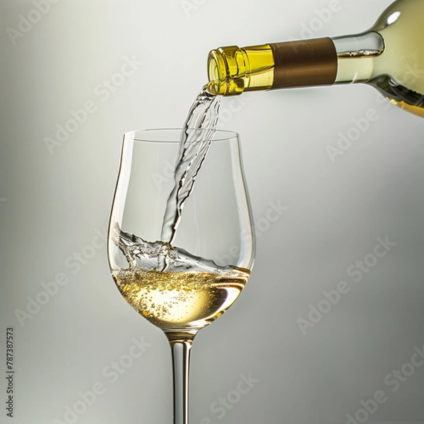 Fototapeta White wine being poured from it's bottle into a wine glass against a white background with studio lighting.