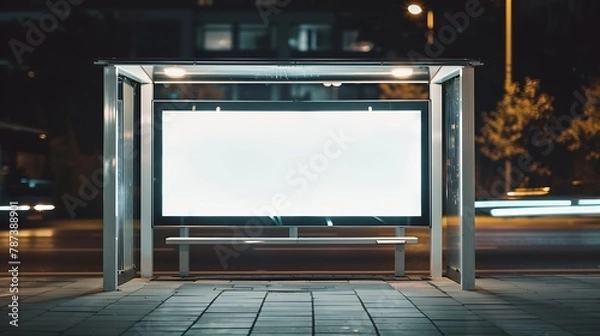 Fototapeta glass bus shelter at busstop blank white lightbox sign aluminum structure urban setting city street background asphalt road empty poster ad commercial space with urban background for m : Generative AI